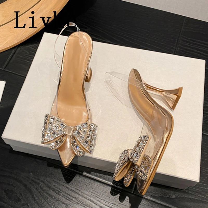 New Silver Crystal Bowknot Women Pumps High Heels Transparent Sandals Sexy