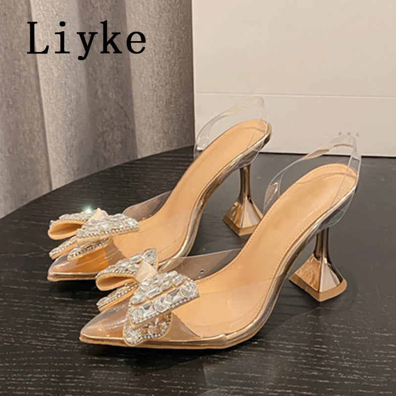 New Silver Crystal Bowknot Women Pumps High Heels Transparent Sandals Sexy