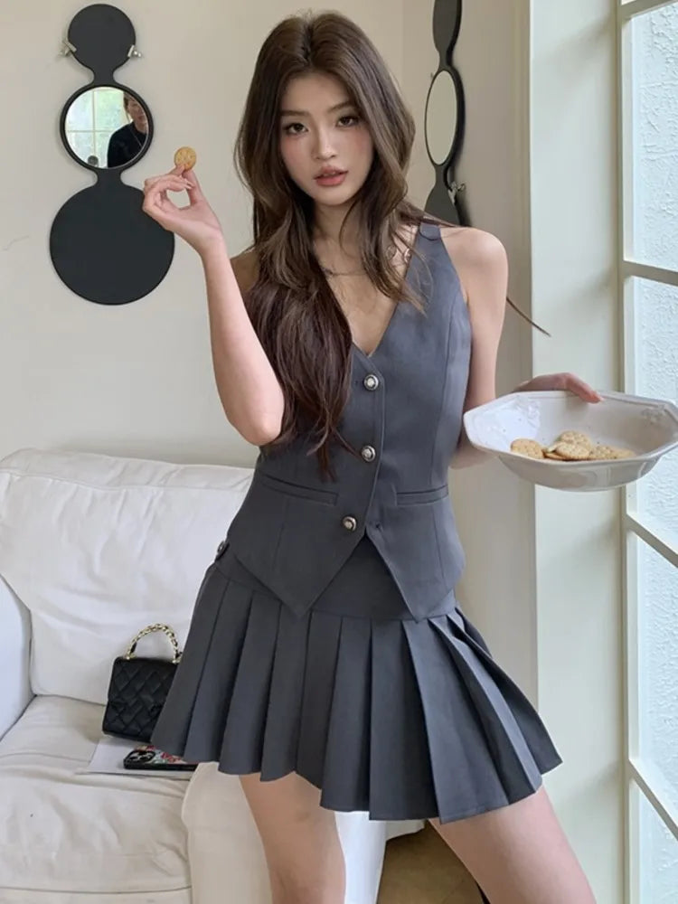 Korean Fashion Pleated Skirt 2 Piece Set Women Elegant Casual Outfits
