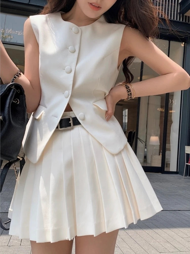 Korean Fashion Pleated Skirt 2 Piece Set Women Elegant Casual Outfits