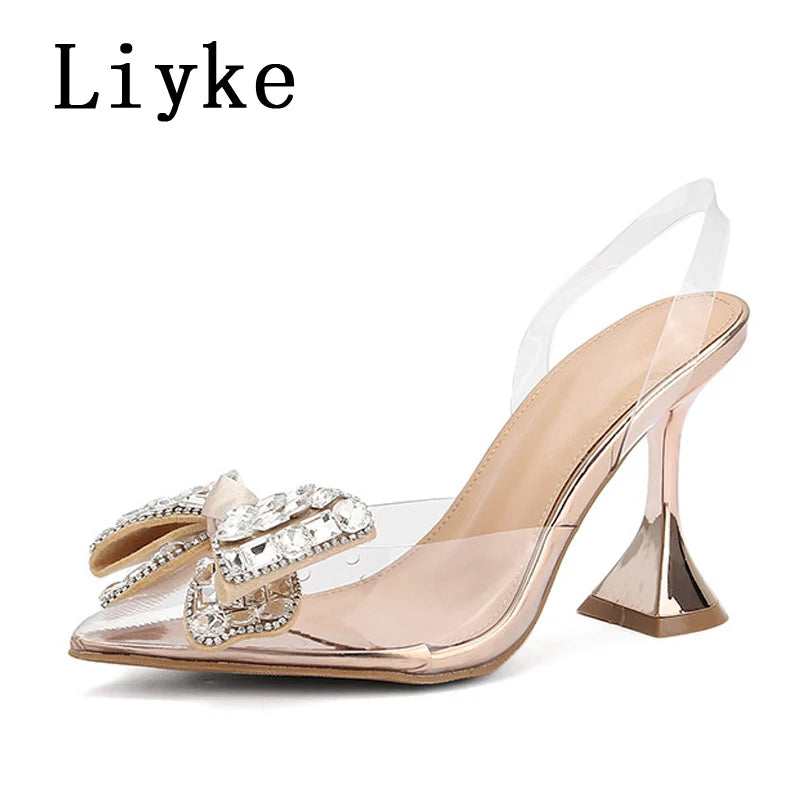 New Silver Crystal Bowknot Women Pumps High Heels Transparent Sandals Sexy