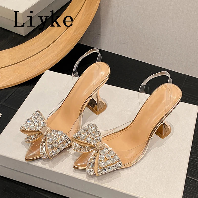 New Silver Crystal Bowknot Women Pumps High Heels Transparent Sandals Sexy
