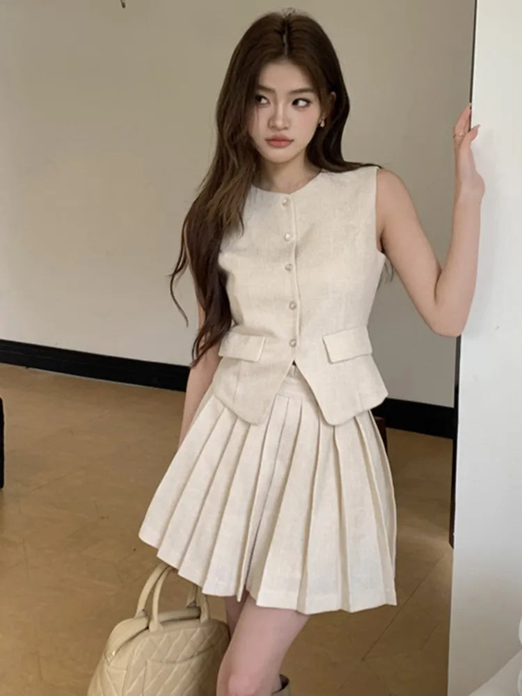 Korean Fashion Pleated Skirt 2 Piece Set Women Elegant Casual Outfits