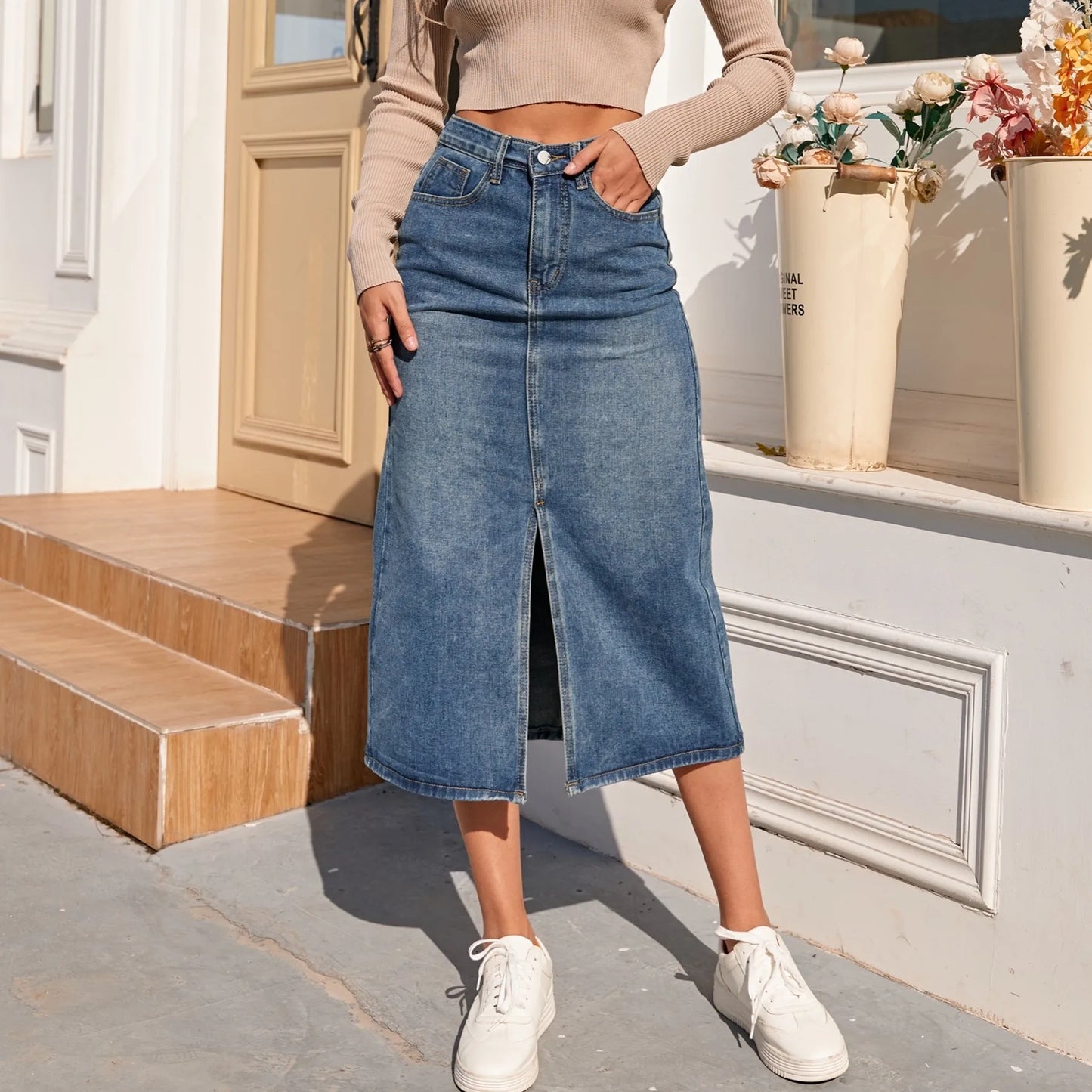 Skirt Women Vintage Split Fork Blue Long  Jean Skirt
