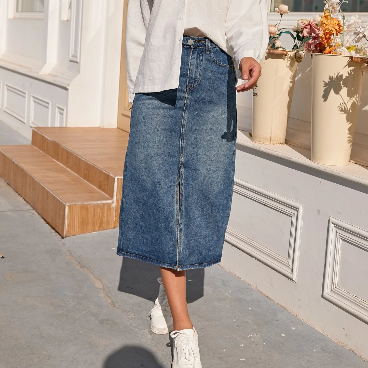 Skirt Women Vintage Split Fork Blue Long  Jean Skirt