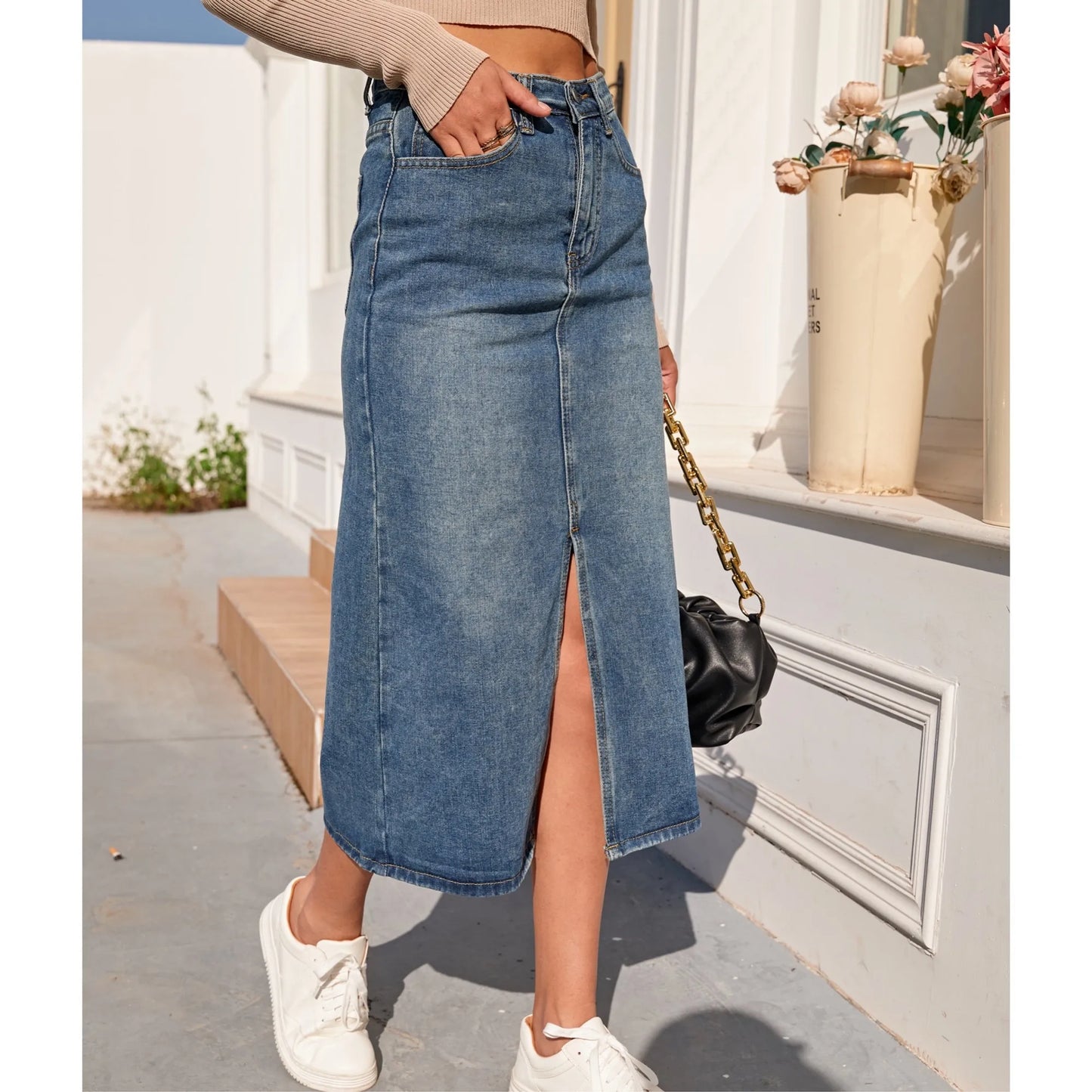 Skirt Women Vintage Split Fork Blue Long  Jean Skirt