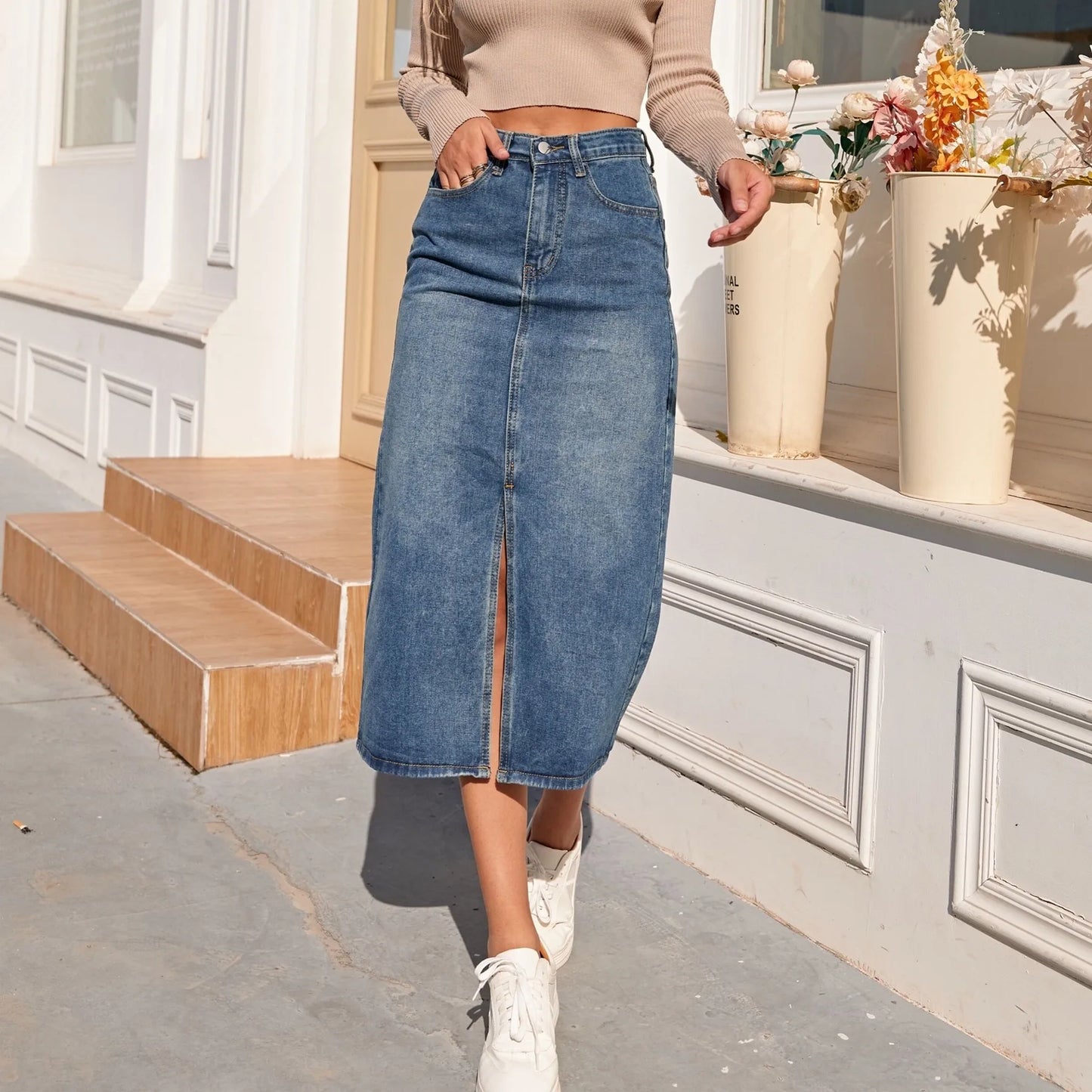 Skirt Women Vintage Split Fork Blue Long  Jean Skirt