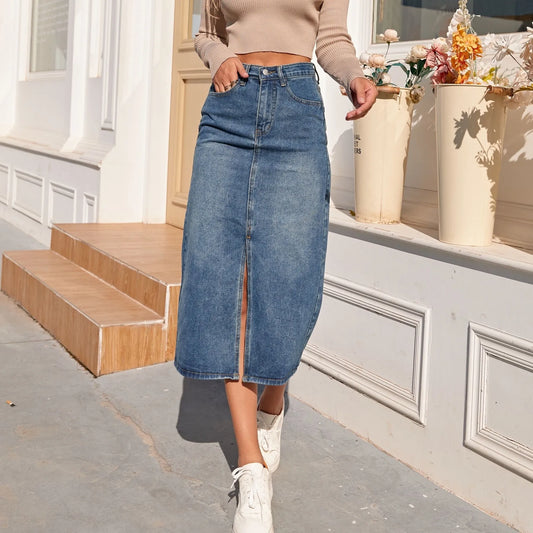 Skirt Women Vintage Split Fork Blue Long  Jean Skirt