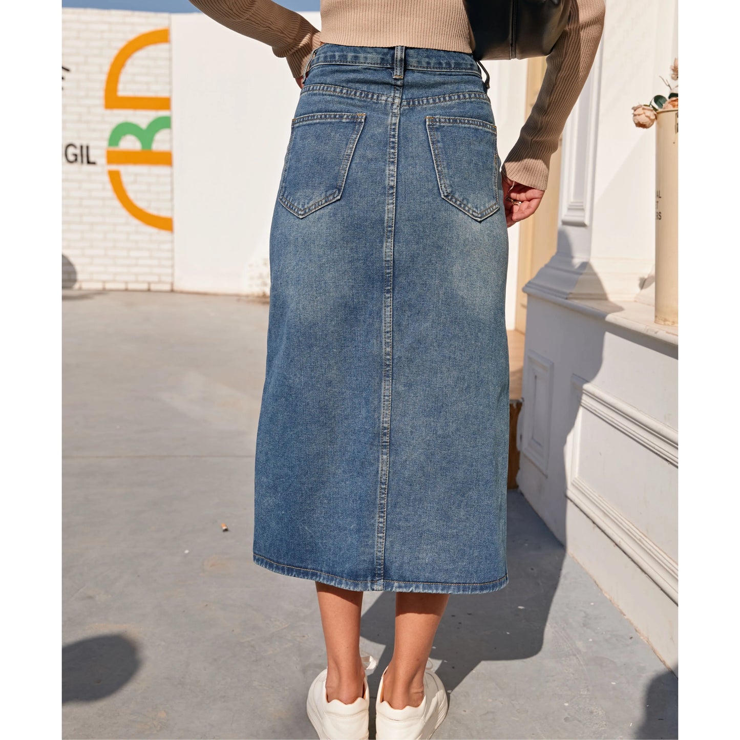 Skirt Women Vintage Split Fork Blue Long  Jean Skirt