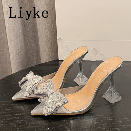 New Silver Crystal Bowknot Women Pumps High Heels Transparent Sandals Sexy