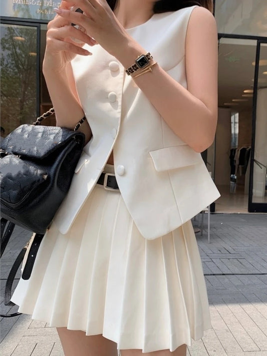 Korean Fashion Pleated Skirt 2 Piece Set Women Elegant Casual Outfits