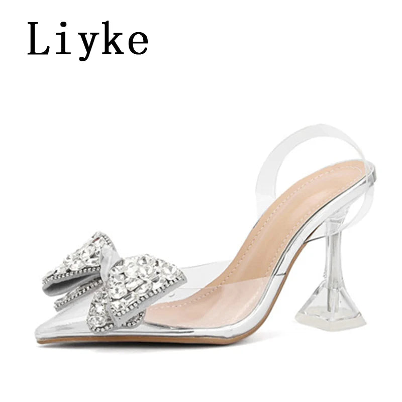 New Silver Crystal Bowknot Women Pumps High Heels Transparent Sandals Sexy