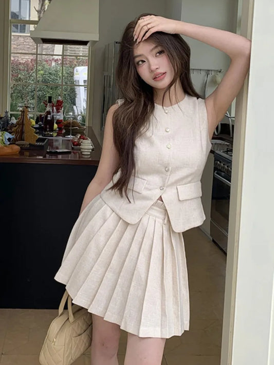 Korean Fashion Pleated Skirt 2 Piece Set Women Elegant Casual Outfits