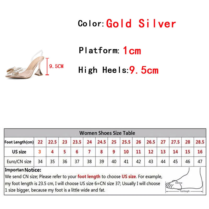New Silver Crystal Bowknot Women Pumps High Heels Transparent Sandals Sexy